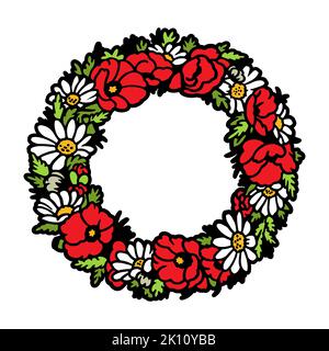Corona disegnata a mano carina con fiori e foglie. Immagine a colori della corona in un design piatto. Icona per la corona. Illustrazione vettoriale. Illustrazione Vettoriale