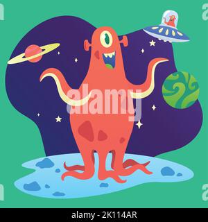 Carino personaggio alieno rosso con tentacoli in piedi su un pianeta Vector Illustrazione Vettoriale