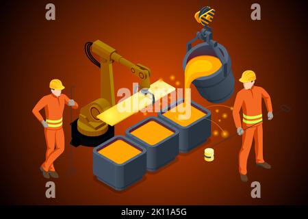 Produzione e metallurgia industriale isometrica. Processi di metallurgia delle fonderie in operai di fabbrica. Colata di acciaio a caldo in acciaieria forno a scoppio Illustrazione Vettoriale