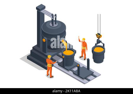 Produzione e metallurgia industriale isometrica. Processi di metallurgia delle fonderie in operai di fabbrica. Colata di acciaio a caldo in acciaieria forno a scoppio Illustrazione Vettoriale