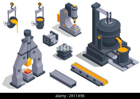 Produzione e metallurgia industriale isometrica. Colata di acciaio caldo in acciaieria. Icone impostate con attrezzature automatiche per impianti. Altoforno Illustrazione Vettoriale