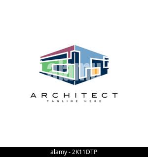Modello di design con logo Construction. Architetto creativo casa icona vettore Illustrazione Vettoriale