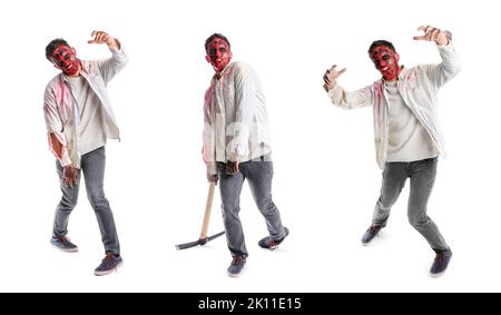Set di spaventoso zombie uomo su sfondo bianco Foto Stock