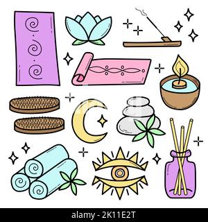 Set vettoriale di icone spa e yoga. Disegna o disegna stile su bianco. Elementi colorati per la progettazione dell'applicazione, sito web, volantini Illustrazione Vettoriale
