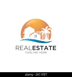 modello vettoriale di disegno del logo di illustrazione della casa e della spiaggia. Ispirazione logo casa costiera Illustrazione Vettoriale