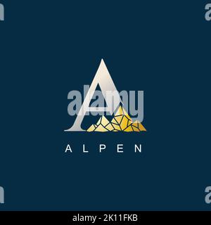 Lettera A con modello di disegno dorato con logo raffigurante una montagna Illustrazione Vettoriale