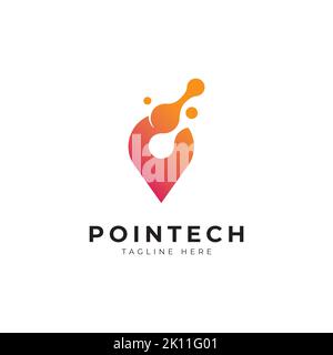 modello vettoriale di progettazione logo con icona a forma di spillo astratta. Icona del punto di riferimento creativo per l'azienda tecnologica Illustrazione Vettoriale