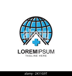globo con simbolo a croce modello vettoriale di progettazione logo. Un mondo sicuro di salute ispirazione icona Illustrazione Vettoriale