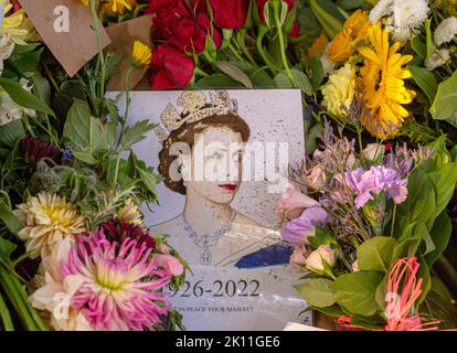 Londra Regno Unito. 14 settembre 2022. I membri del pubblico continuano a portare fiori e messaggi personali di cordoglio a Green Park vicino a Buckingham Palace per esprimere la loro tristezza e la loro simpatia dopo la morte della regina Elisabetta II, il più lungo monarca britannico che serviva, morto al castello di Balmoral il 8 settembre.Photo Horst A. Friedrichs Alamy Live Notizie Foto Stock