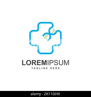 Croce con simbolo genetico/DNA modello vettore di disegno logo. Ispirazione per il logo medico del settore sanitario Illustrazione Vettoriale