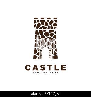 modello vettoriale di disegno di pietra del castello. Ispirazione creativa del logo del castello Illustrazione Vettoriale