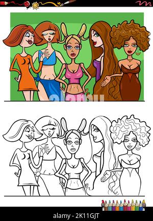 Cartoon illustrazione di bella giovane donna caratteri gruppo colorazione pagina Illustrazione Vettoriale