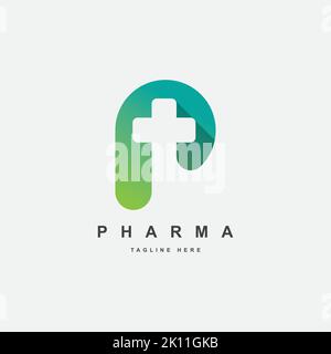Lettera P con simbolo a croce modello di logo. Logo farmacia design simbolo ispirazione. Illustrazione Vettoriale