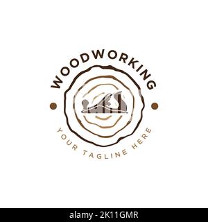 Modello logo lavoro legno. Distintivo creativo per azienda lavoro legno. Falegnameria logo ispirazione Illustrazione Vettoriale