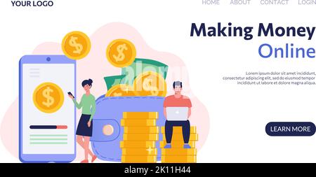 Fare soldi online, freelancing, guadagnare a casa, concetto di lavoro remoto. Design della pagina Web di destinazione. La ragazza con uno smartphone e l'uomo con un computer portatile, seduti su un mucchio di soldi. Stile piatto vettoriale. Illustrazione Vettoriale