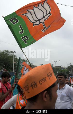 KOLKATA, INDIA - 13 SETTEMBRE: Scene della massiccia protesta del BJP contro le presunte accuse di corruzione contro i leader del Congresso Trinamool (TMC) il 13 settembre 2022 a Kolkata, in India. Molti leader e sostenitori del BJP sono stati feriti in carica dalla polizia. Anche alcuni leader del BJP, tra cui il capo di stato del partito Sukanta Majumdar e Suvendu Adhikari, che hanno partecipato alla marcia, sono stati arrestati dalla polizia insieme ai loro sostenitori. Sentendo l'appello del BJP contro alti funzionari del governo di stato per un'azione proattiva della polizia contro i lavoratori del partito zafferano, il Calcutta HC ha cercato una re Foto Stock