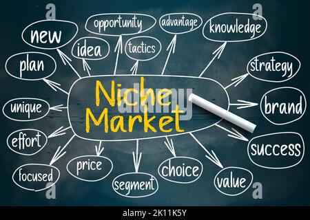 Mappa mentale di mercato di nicchia scritta su lavagna, rendering 3D Foto Stock