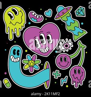 Gruppo colorato di emoti grovy e icone Psicodelic cuore vettore Illustrazione Vettoriale