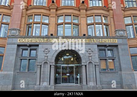 Ingresso principale alla Co-operation Wholesale Society Ltd, Co-Op, Balloon Street, Manchester, Lancashire, INGHILTERRA, REGNO UNITO, M4 4BE Foto Stock