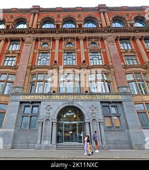 Ingresso frontale e piani superiori, presso la Co-operativa Wholesale Society Ltd, Co-Op, Balloon Street, Manchester, Lancashire, INGHILTERRA, REGNO UNITO, M4 4BE Foto Stock