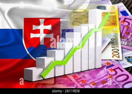 Grafico dell'economia: Freccia in aumento, banconote in euro in contanti e bandiera Slovacchia (moneta, Economia, Affari, Finanza, crisi) Foto Stock