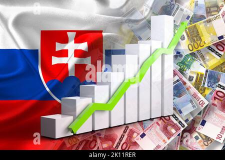 Grafico dell'economia: Freccia in aumento, banconote in euro in contanti e bandiera Slovacchia (moneta, Economia, Affari, Finanza, crisi) Foto Stock