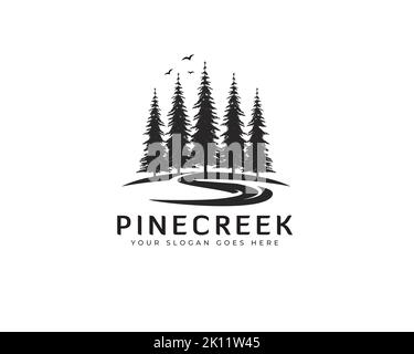 evergreen pine logo vintage con illustrazione di uccelli torrente fiume Illustrazione Vettoriale