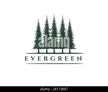 Rustic retro vintage Hemlock, Evergreen, Pines, Spruce, Cedar Trees logo design Illustrazione Vettoriale