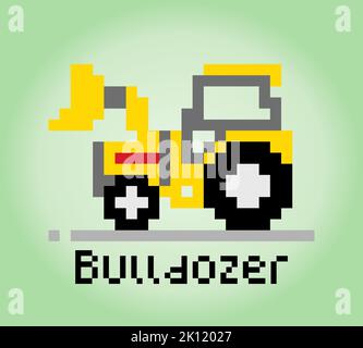 bulldozer a 8 bit. oggetto auto da costruzione per le risorse di gioco nell'illustrazione vettoriale. Illustrazione Vettoriale