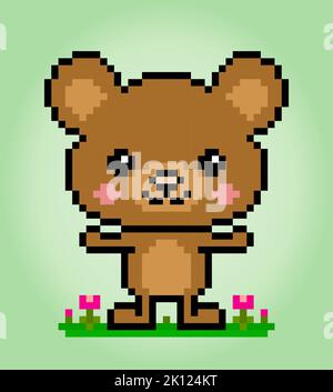 Pixel 8 bit marrone orso seduto. Le risorse di gioco degli animali nell'illustrazione vettoriale. Illustrazione Vettoriale