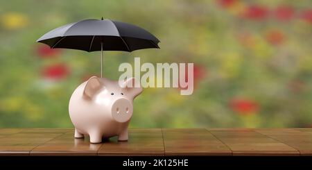 Risparmio di denaro sicuro. Banco di piggy sotto un ombrello nero. Crisi finanziaria, concetto di protezione delle banche. Rendering 3D Foto Stock