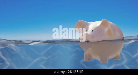 Crisi finanziaria, risparmio di rischio e concetto di debito. Banca di piggy annegando in acqua di mare. Rendering 3D Foto Stock