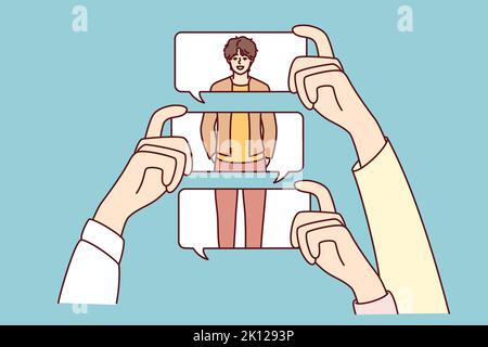 Le mani della gente che tengono le bolle del messaggio fanno i commenti circa gli sguardi della persona. Commenti anonimi e la condivisione di opinioni negative on-line. Illustrazione vettoriale. Illustrazione Vettoriale