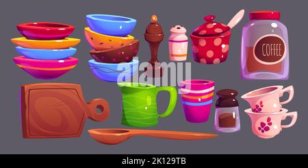 Utensili da cucina e forniture, set vettoriale isolato di tazze in ceramica o argilla, piatti, vaso di vetro, sale, cucchiaio di legno, Pentola per pepe, condimenti, tagliere, recipiente per lo zucchero, illustrazione Cartoon, icone Illustrazione Vettoriale
