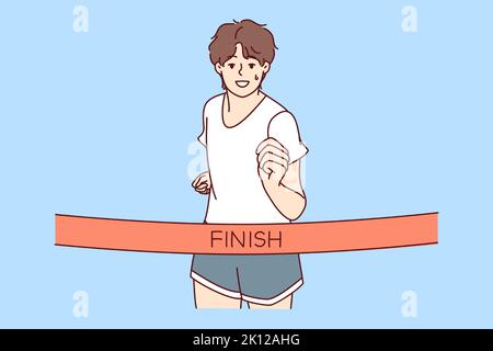 Giovane uomo in abbigliamento sportivo, finisci la gara per primo. Un atleta o sportivo sorridente partecipa a una competizione sportiva. Illustrazione vettoriale. Illustrazione Vettoriale