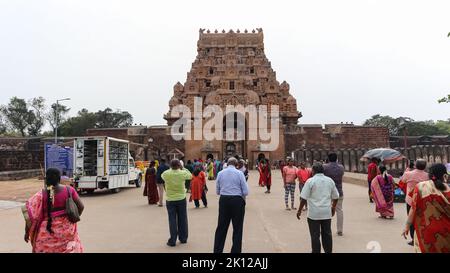 L'incredibile raffigurazione sull'entrata del Tempio di Brihadeshwara, Thanjavur, Tamil Nadu, India. Foto Stock