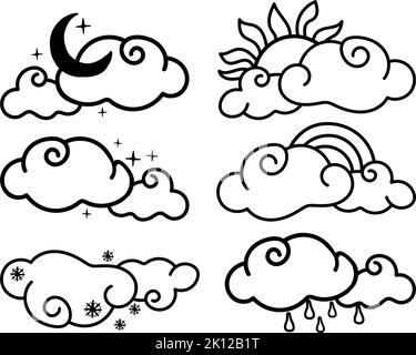 Una serie di fenomeni meteorologici. Nuvole con arcobaleno, neve, pioggia, sole, mese, elementi disegnati in stile doodle. Fenomeno della natura. Chiaro, coperto, giorno, vicino Illustrazione Vettoriale