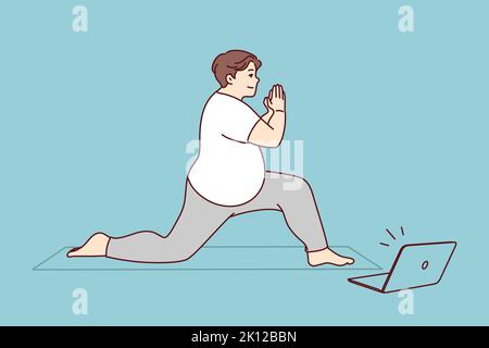 Uomo grasso in allenamento sportswear su tappetino con video lezione on-line sul computer. I maschi in sovrappeso fanno l'esercizio sportivo con lezioni su internet sul computer portatile. Vita sana e perdita di peso. Illustrazione vettoriale. Illustrazione Vettoriale