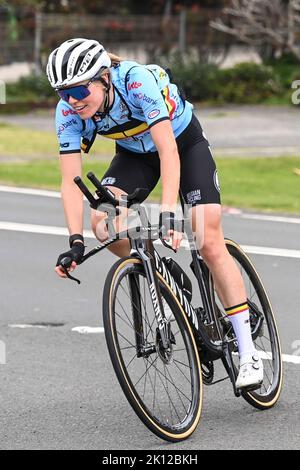 Julie Van de velde Belga ha illustrato durante un allenamento in vista dei prossimi campionati mondiali di ciclismo su strada UCI, a Wollongong, Australia, giovedì 15 settembre 2022. I Mondi si svolgono dal 18 al 25 settembre. FOTO DI BELGA DIRK WAEM Foto Stock