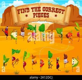 Trova i pezzi corretti di Western cowboy, bandito, sceriffo e caratteri di verdure ranger. Quiz vettoriale educativo per bambini con melanzane, aglio e barbabietole, pomodori, zucca e broccoli Illustrazione Vettoriale