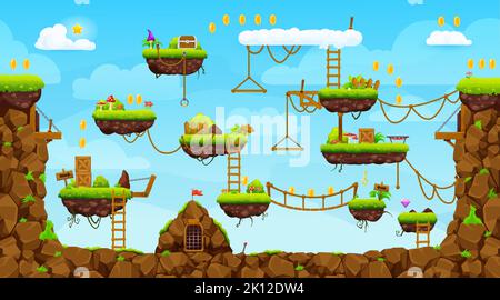 Mappa del livello del gioco Arcade intefrace. Piattaforma, scale, monete, bonus e icone di ricerca. Paesaggio vettoriale con isole galleggianti con erba, corde e scale. Sfondo di videogiochi, mondo di avventura Illustrazione Vettoriale