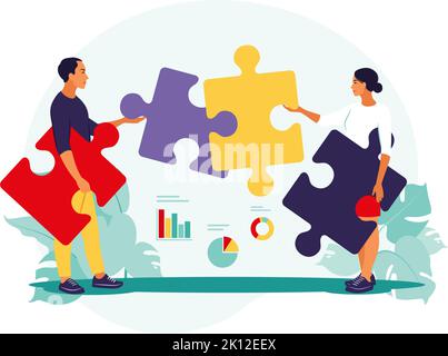 Risoluzione dei problemi. Decisione creativa, concetto di compito difficile. Uomo e donna montaggio puzzle. Cooperazione e lavoro di squadra. Illustrazione vettoriale. Piatto. Illustrazione Vettoriale