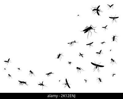 Zanzare volanti isolate. Silhouette nere di insetti parassiti vettoriali si sciolano nell'aria. Gregge di gnati, malaria, febbre da dengue o zanzare infette da virus zika, malattie, virus e insetti portatori di parassiti Illustrazione Vettoriale