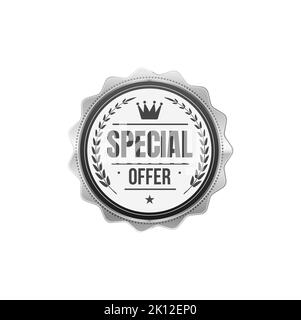 Acquista offerta speciale etichetta e distintivo argento. Vendita adesivo o segno buono pubblicità, negozio sconti stagione vettore premium tag o simbolo di metallo. Timbro, badge o etichetta lucida per il miglior prezzo del prodotto Illustrazione Vettoriale