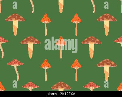 Funghi senza cuciture in stile pixel art. Funghi in 8 bit 90s stile di videogiochi in 2D. Funghi con tappi rossi su sfondo verde. Design per Illustrazione Vettoriale