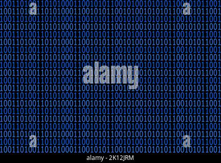 Codice del computer ASCII binario crittografato su sfondo nero. Computer con codice binario blu. Foto Stock