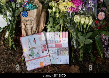 Londra, Regno Unito. 14th Settembre 2022. Un messaggio lasciato da Forest Hill e Sydenham Girl Guides. A seguito della triste morte di sua Maestà la Regina, sono stati lasciati bellissimi tributi floreali da pianti intorno alla base di alberi di tiglio a Buckingham Palace Gardens, Londra. Credit: Maureen McLean/Alamy Live News Foto Stock