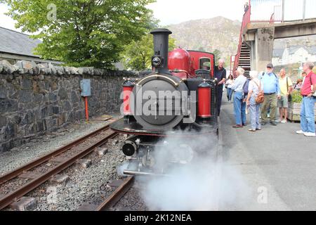 Il tratto ferroviario Ffestiniog e Welsh Highland si estende per 40 miglia attraverso lo Snowdonia National Park Foto Stock