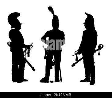 Trombettisti tedeschi durante la guerra di Napoleone. Napoleone Bonaparte e le sue guerre. Disegno di silhouette storico. Foto Stock