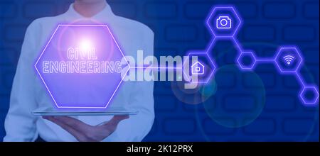 Segnaletica che mostra ingegneria civile progettazione progettazione costruzione di strade ponti edifici pubblici. Parola scritta su progettazione costruzione di strade ponti Foto Stock